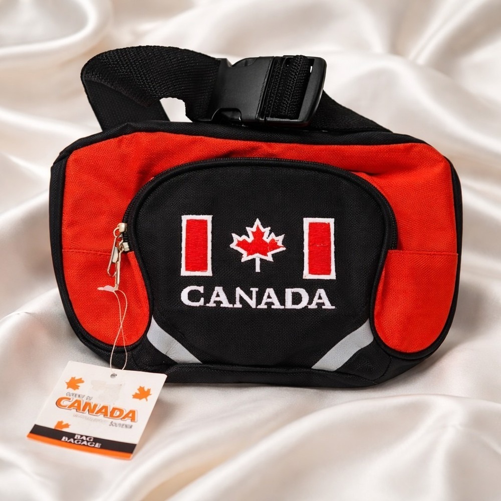 Canada Flag Black & Red Small Fanny Pack W/Adjustable Strap & Multiple Pouches